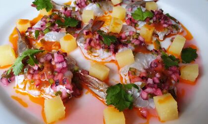 Prawn ceviche, roasted prawn potatoes