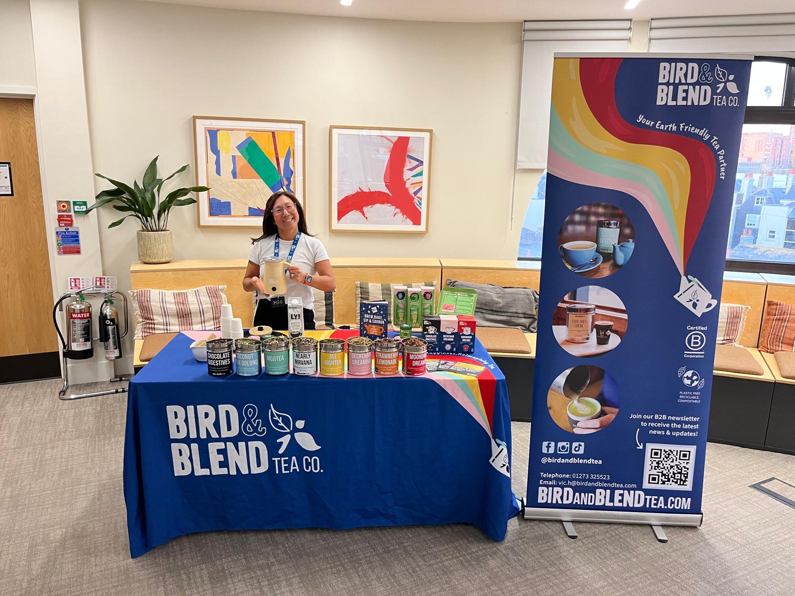 Meg Fenn setting up for Bird & Blend's SustainabiliTEA Business Chat at Projects during B Corp Month